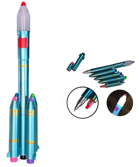 Caneta 5 Em 1 Modelo Foguete Com Marca Texto E Luz De Led - Azul