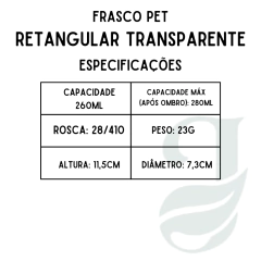 FRASCO PET 260ml R.28/410 RETANGULAR TRANSP - comprar online
