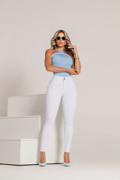 CALÇA JEANS BRANCO FEMININO SKINNY COM LYCRA SEM TRANSPARENTE, CINTURA ALTA