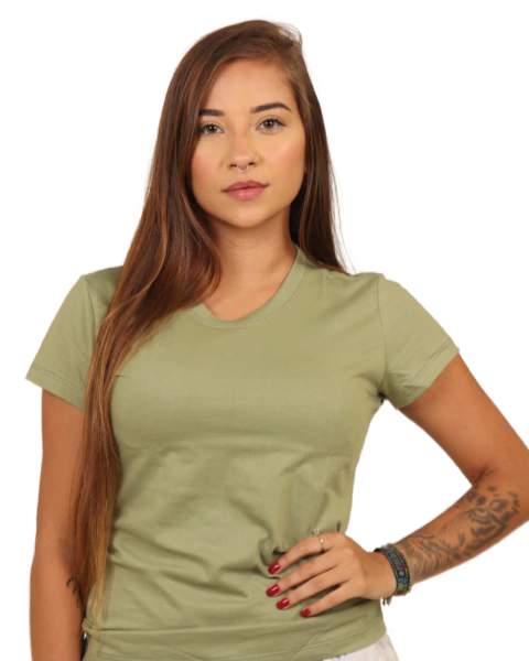 Camiseta 100% Algodão fio 30.1 penteado Musgo Claro Feminina (Babylook)