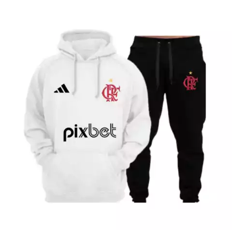 Conjunto de Moletom Flamengo - Adidas- Blusa branca e calça preta