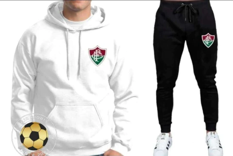 Conjunto de Moletom Masculino Fluminense - Moletom Branco e Calça Preta - comprar online