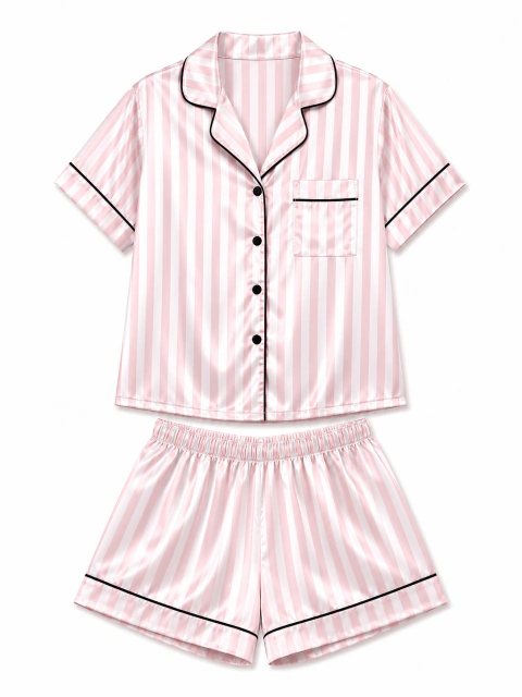 Pijama de Satén Camisero Rayado — Short