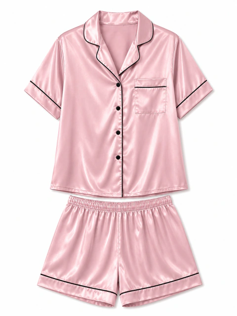 Pijama de Satén Camisero Rosa — Short