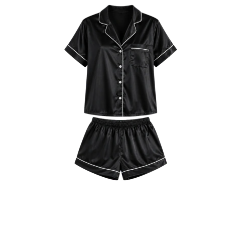 Pijama camisero corto negro de satén premium con vivos blancos y botones frontales, compuesto por camisa de manga corta y short.