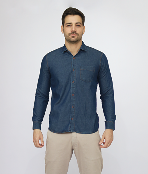 Camisa Manga Longa Jeans Azul Lavado com Bolso