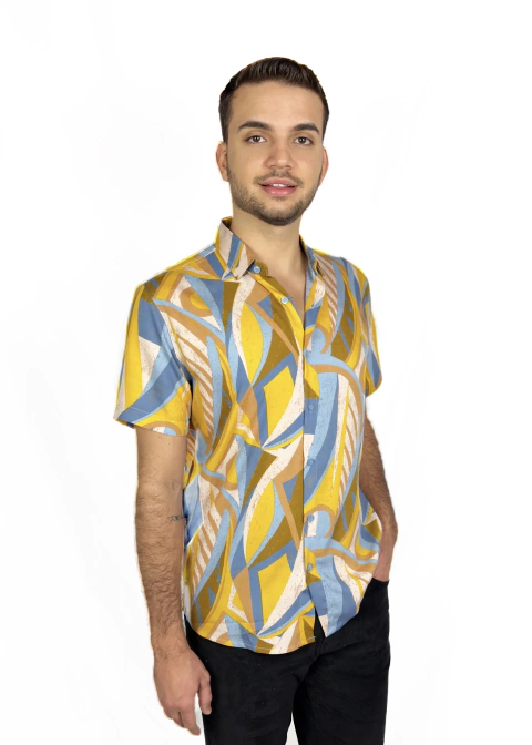 Camisa Estampa Geométrica Moderna Amarelo e Azul - Viscose