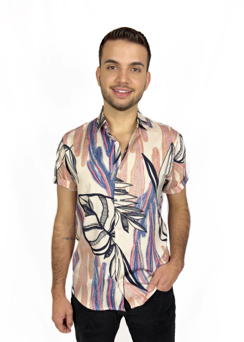 Camisa Estampa Moderna de Folhas Azuis e Rosa 100% Viscose