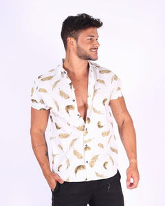 Camisa Manga Curta em Flamê 100% Algodão - Estampa Penas - Trajano's