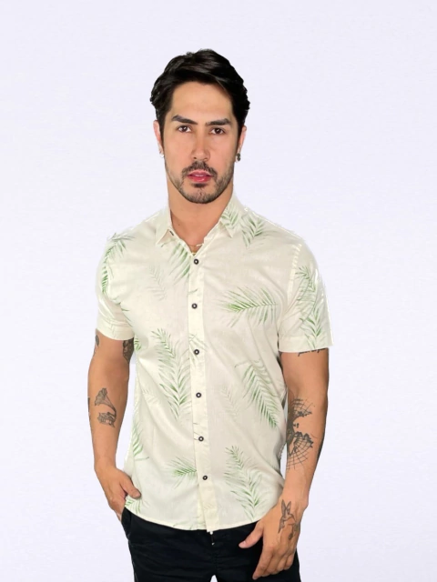 Camisa Linho Estampa Folhas Tropicais