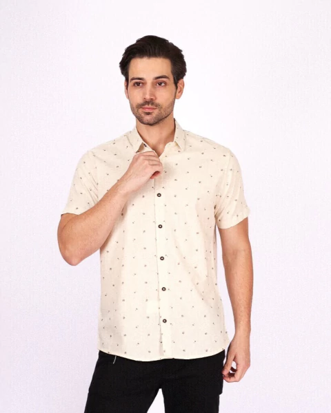 Camisa Manga Curta Viscolinho Mini Coqueiros e Folhas Verão