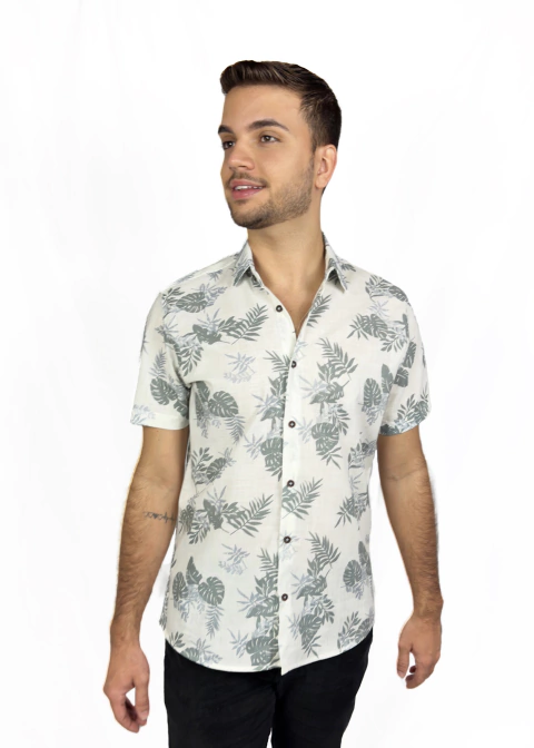 Camisa em Flamê 100% Algodão Estampa de Folhas Cinza - Verão
