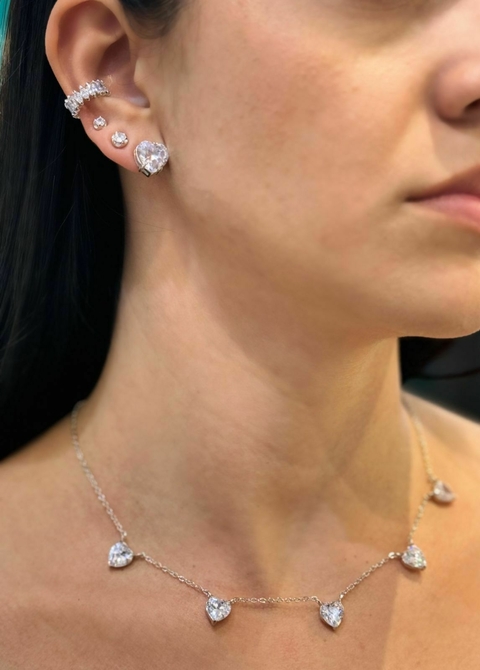 Conjunto coração cristal ródio branco