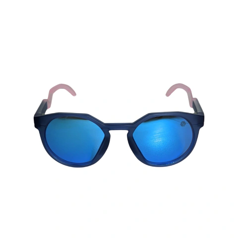 Óculos de Sol Casual Polarizado Mhandala Rayo Redondo Hexagonal Lente Espelhada Azul Royal – Azul Fosco com Haste em Raio e Ponteira Rosa