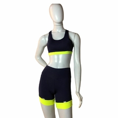 Conjunto Short linha Run - Azul Marinho com barra amarelo neon - comprar online