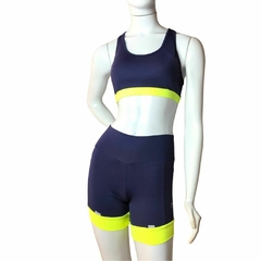 Imagem do Conjunto Short linha Run - Azul Marinho com barra amarelo neon