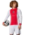Ajax 125th anniversary jersey by Adidas in red and white, featuring a collar and long sleeves, worn by a male model holding a soccer ball.