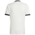 Camiseta blanca de fútbol para hombre, vista posterior, con detalles en negro en las mangas y el cuello.