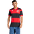 Camisa de futebol masculina do Flamengo, com listras vermelhas e pretas, destacando o logo do clube e a marca Adidas.