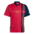 Spain Pre-Match Jersey 24/25: Back view. Design in red with blue and yellow details, remake of Euro 1996. Blue clerical collar and modern elements, perfect for cheering on Spain in Euro 2024.