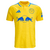 Frente de la Camiseta Leeds United Away 24/25 Amarilla y Azul Torcedor Masculina Adidas: Camiseta amarilla con detalles en azul, emblema del Leeds United en el pecho, logotipo de Adidas. Diseño vibrante y moderno, ideal para mostrar tu apoyo al equipo.