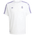 Camiseta blanca de fútbol para hombre del Real Madrid, con detalles en morado y el logo de Adidas.