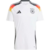 amiseta Alemania Home 24/25: Vista frontal. Patrón jacquard 'DFB', hombros con degradados de los colores de la bandera. Escudo DFB en el lado izquierdo, logo Adidas en negro en el lado derecho. Cuello redondo con detalles blancos y negros.