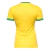 Camisa feminina amarela da Seleção Brasileira de Futebol, vista traseira, com detalhes em verde nas mangas.