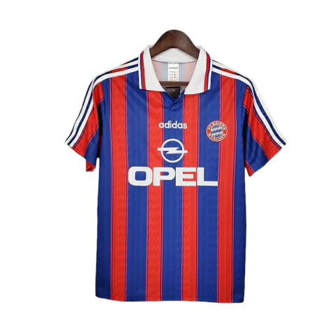 Camisa de futebol retrô do Bayern de Munique 1995/1997 azul e vermelha com listras verticais, gola branca e logo Adidas e Opel