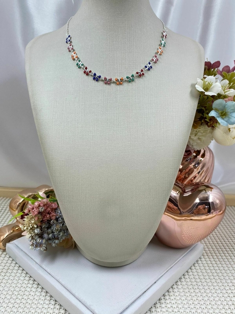 Choker Borboletas Coloridas - Folheada a Prata