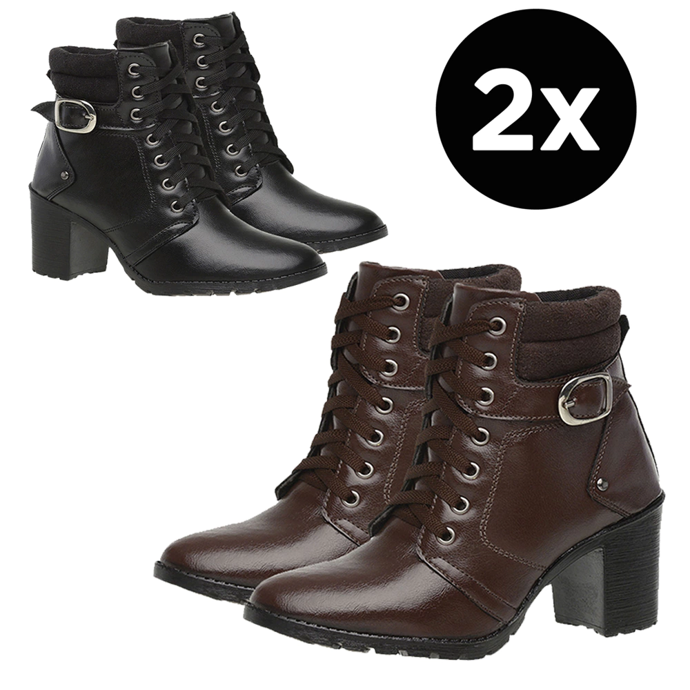 KIT 2 Pares Bota Coturno Feminina Cano Baixo C/ Saltinho Lindas KIT03