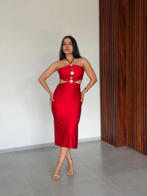 VESTIDO MIDI FLOR METAL - comprar online