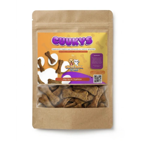 Paquete de premios veganos para perros Cuukys en forma de galleta con diseño de hueso, con ingredientes naturales y sin conservadores.