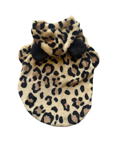 Disfraz de leopardo en tela polar para perro y gato, vista trasera con capucha