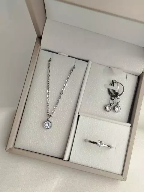 Conjunto Ponto de Luz Colar + brinco + Anel Aço Prata - comprar online