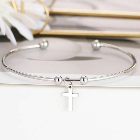 Bracelete Cruz em Aço Prata
