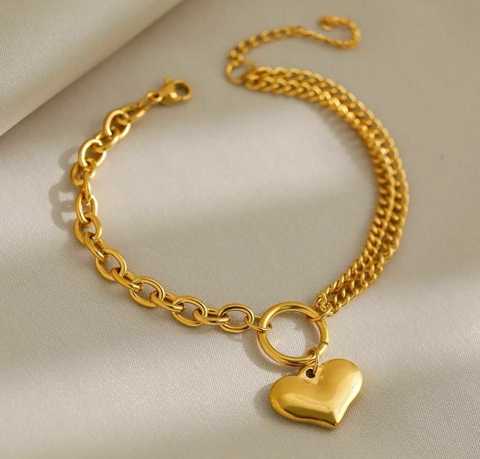 Pulseira Coração Pingente em Aço Cirúrgico Banhado a Ouro 18K
