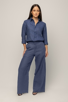 Calça Pantalona 100% Linho Azul Petróleo - comprar online