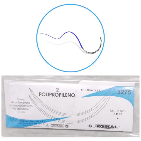 Sutura Polipropileno N°2 Con 2 Agujas De 75mm 3/8 Circulo Reverso Cortante Con Hebra De 75cm Surgikal
