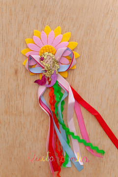 Laço junino: Girassol rosa e amarelo + sereia brilhante com fitas coloridas - comprar online