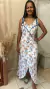 Vestido Off White com Estampa de Flores Marrom e Azuis