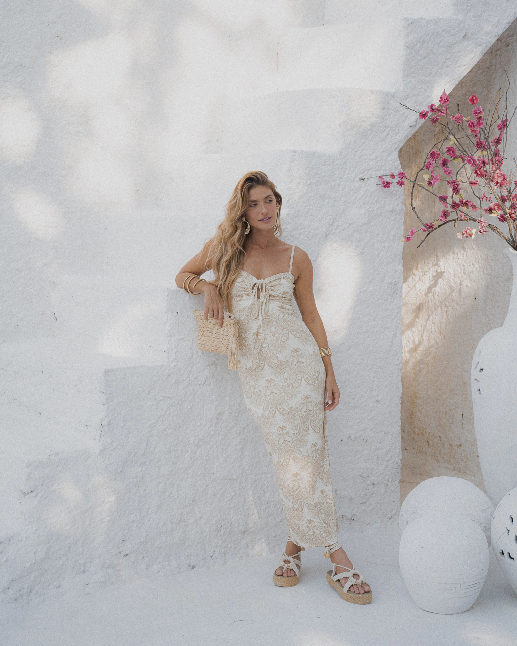 Vestido Canelado Amarração Verão Vintage Bege
