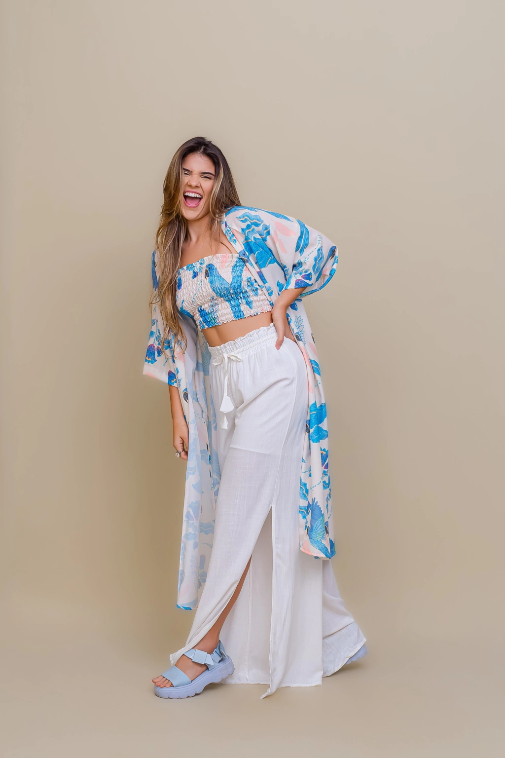 Conjunto Maxi Kimono e Top Faixa Lastex Verão o Ano Todo