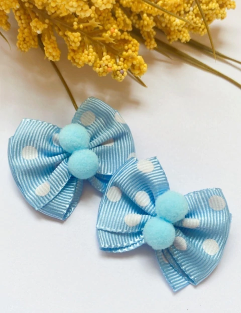 Laço M Azul Poá e Pompom - 10 unidades