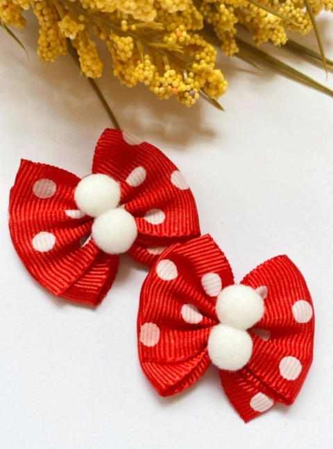 Laço M Vermelho Poá e Pompom - 10 unidades