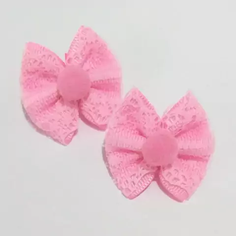 Par de Laço P Rosa Renda e Pompom