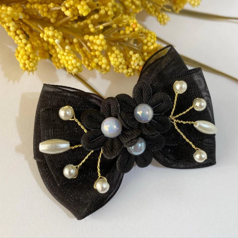 Laço G Flores Preto Organza Luxo