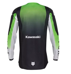 Jersey Fox 180 Kawasaki en color verde con diseño oficial, ideal para motocross y enduro, con tejido transpirable y ajuste ergonómico.