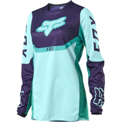  Jersey de motocross Fox Racing en colores morado y menta, con mangas largas y logo en el pecho y brazos