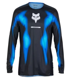 Jersey de motocross Fox Racing negro con detalles en azul, diseño transpirable y ligero, ideal para motocross, enduro y off-road